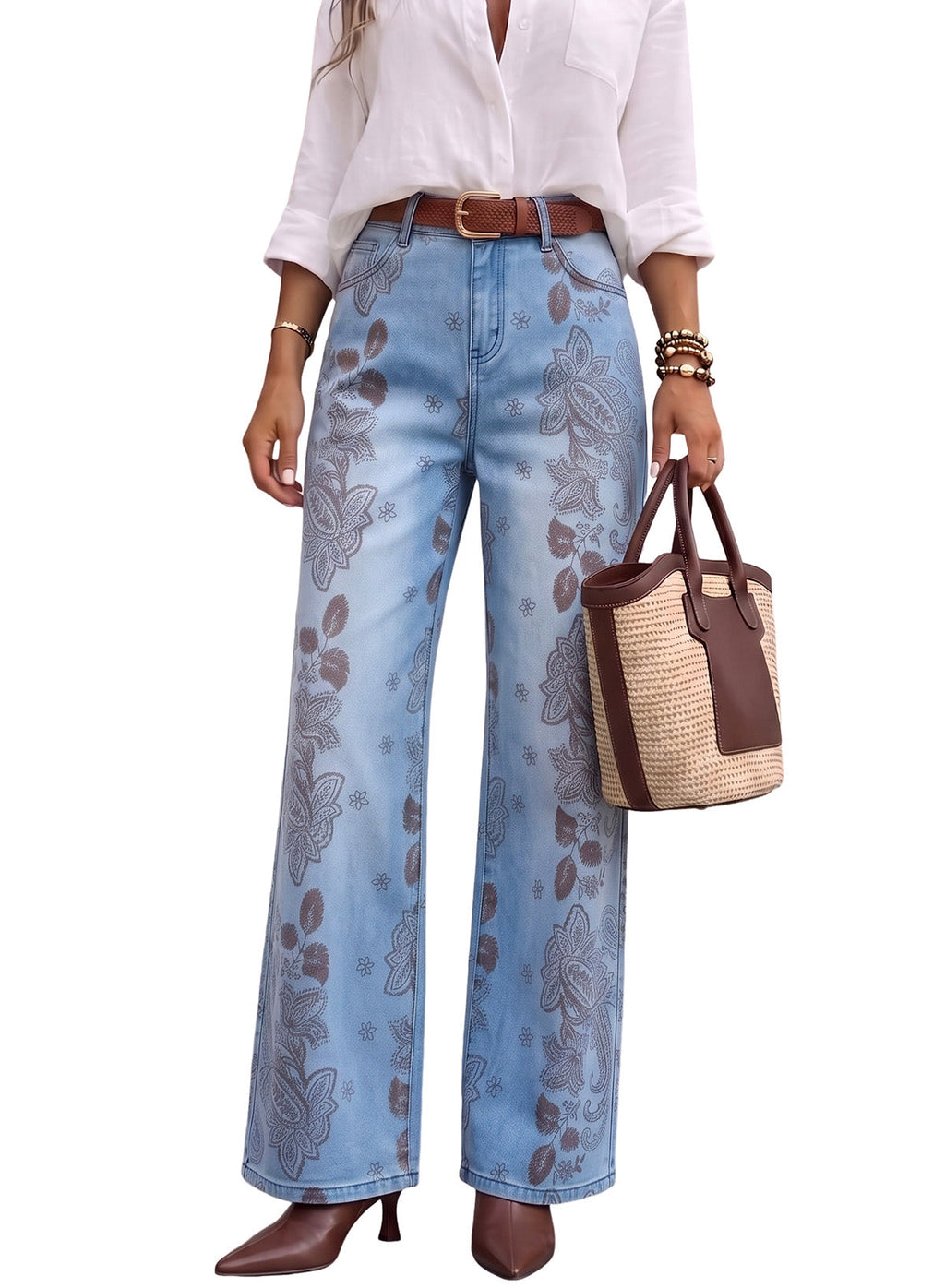 Dokotoo Women's Wide Leg Jeans Floral Print Baggy Denim Pants with Pockets