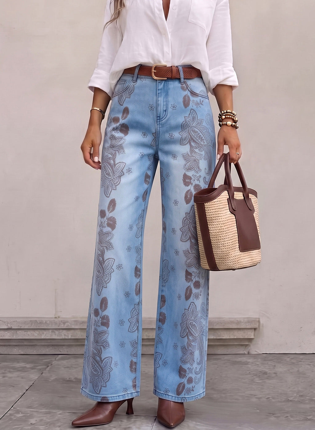 Dokotoo Women's Wide Leg Jeans Floral Print Baggy Denim Pants with Pockets