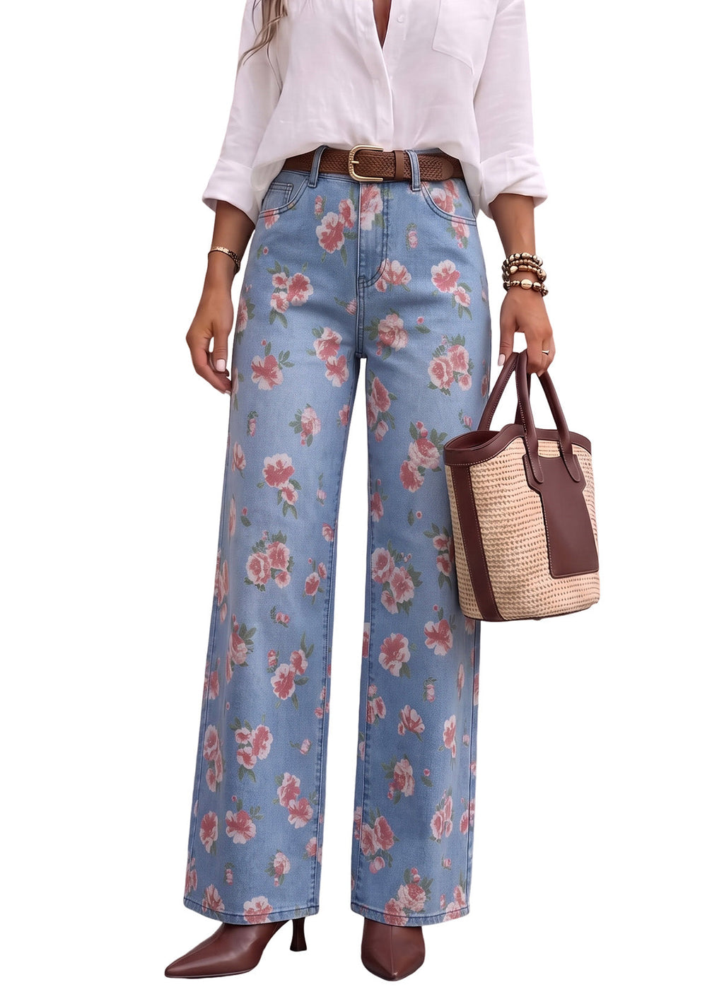Dokotoo Women's Wide Leg Jeans Floral Print Baggy Denim Pants with Pockets