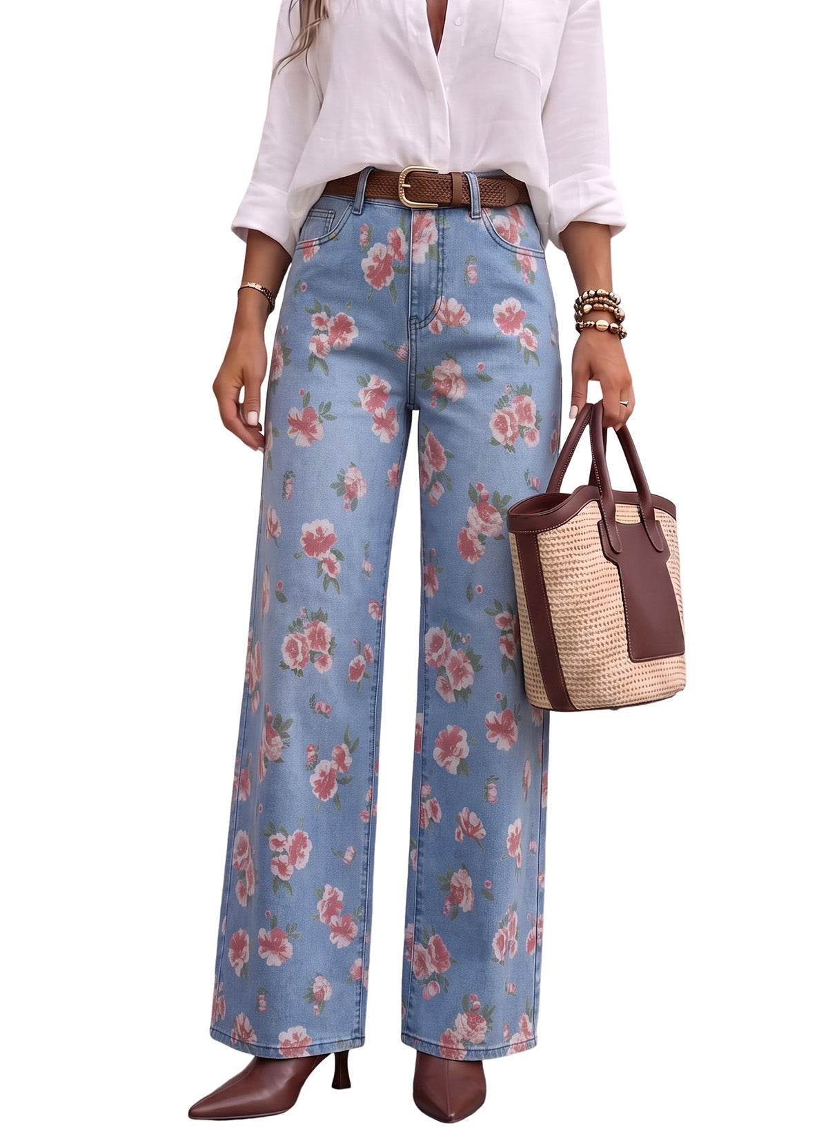 Dokotoo Women's Wide Leg Jeans Floral Print Baggy Denim Pants with Pockets