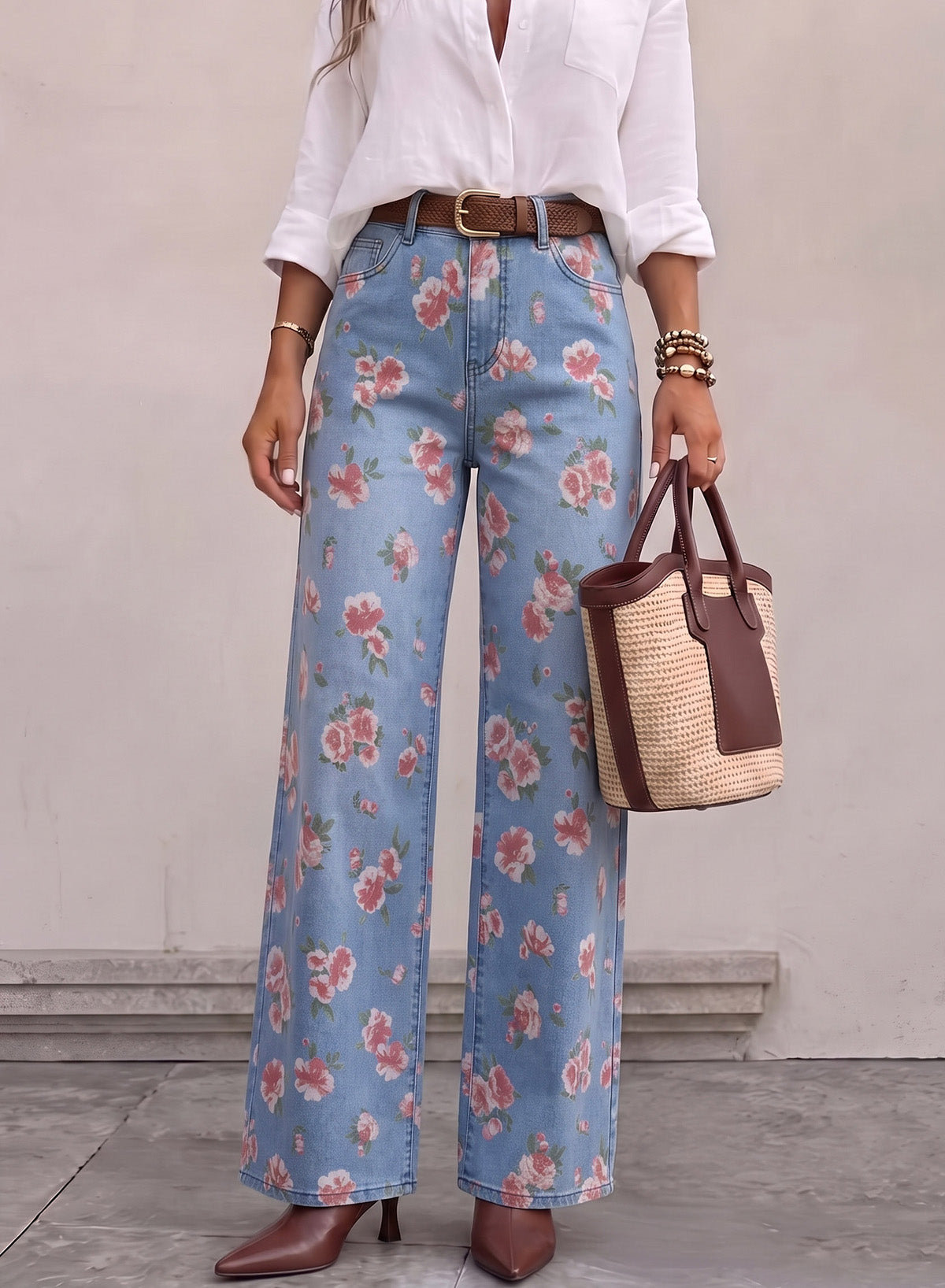 Dokotoo Women's Wide Leg Jeans Floral Print Baggy Denim Pants with Pockets