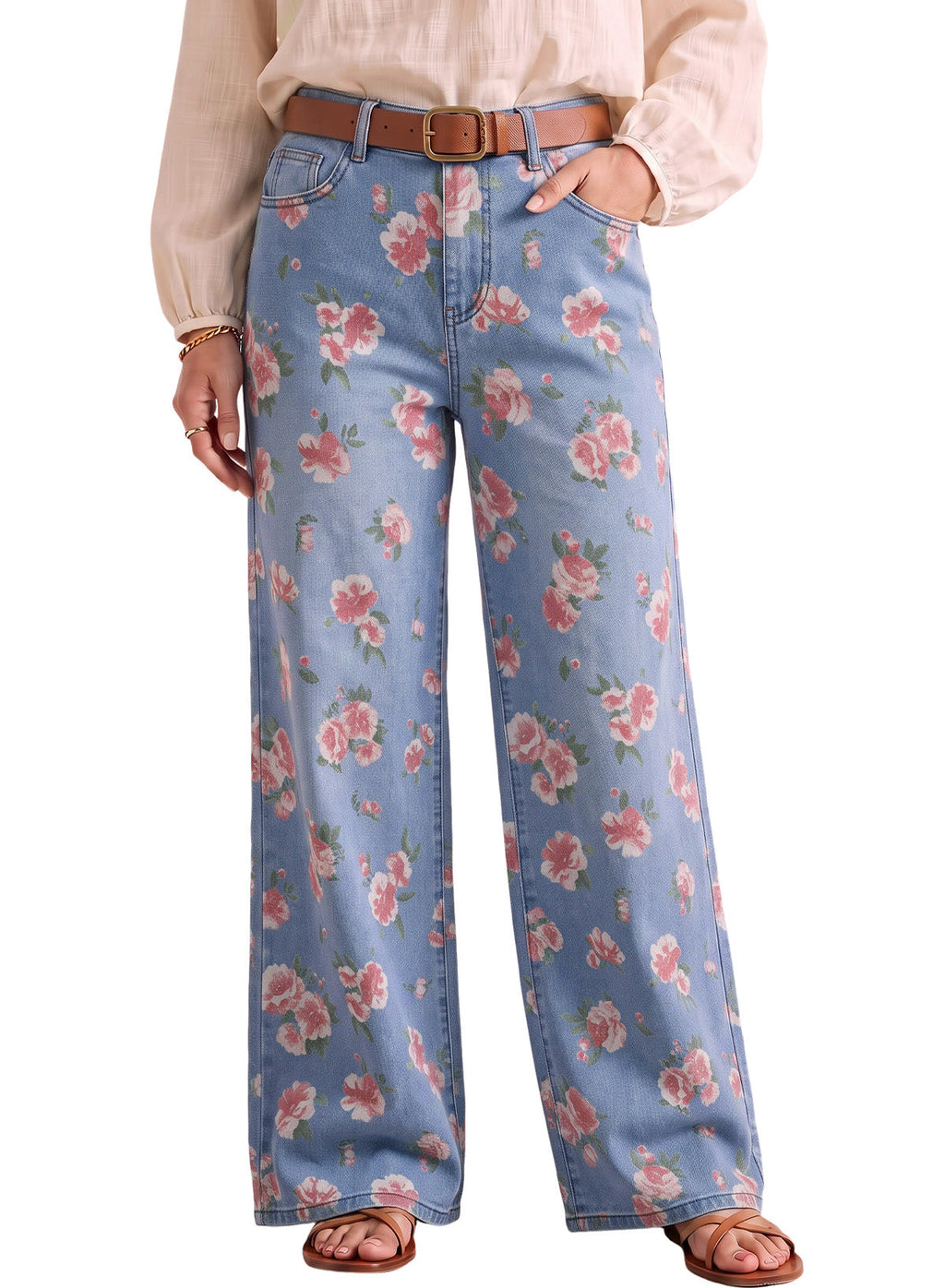 Dokotoo Women's Wide Leg Jeans Floral Print Baggy Denim Pants with Pockets
