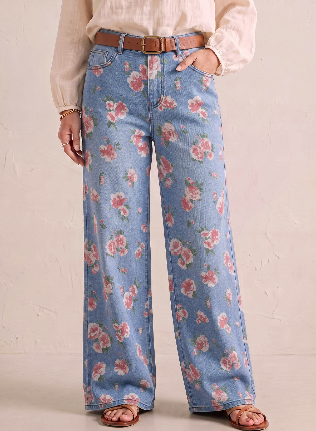 Dokotoo Women's Wide Leg Jeans Floral Print Baggy Denim Pants with Pockets