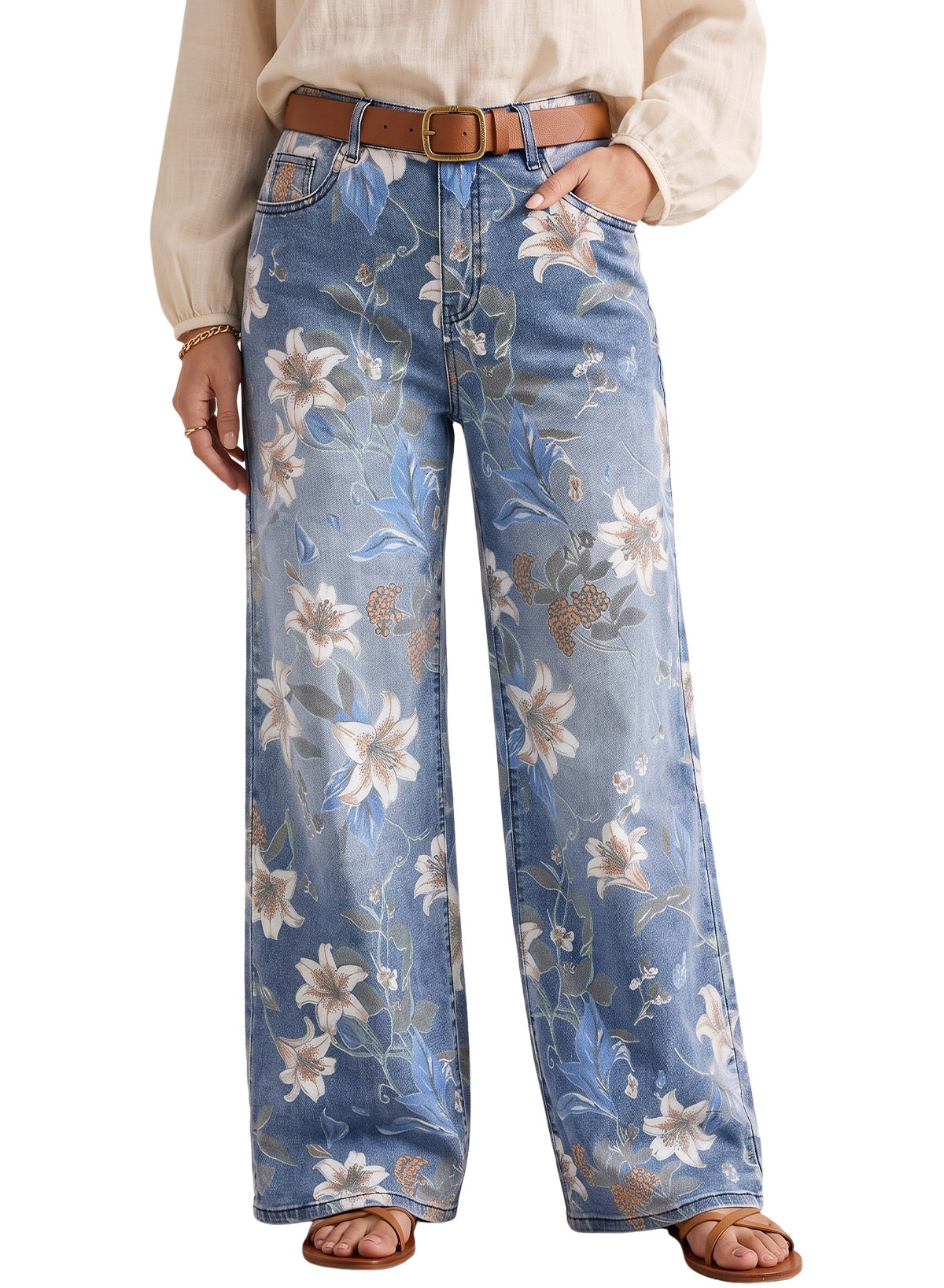 Dokotoo Women's Wide Leg Jeans Floral Print Baggy Denim Pants with Pockets