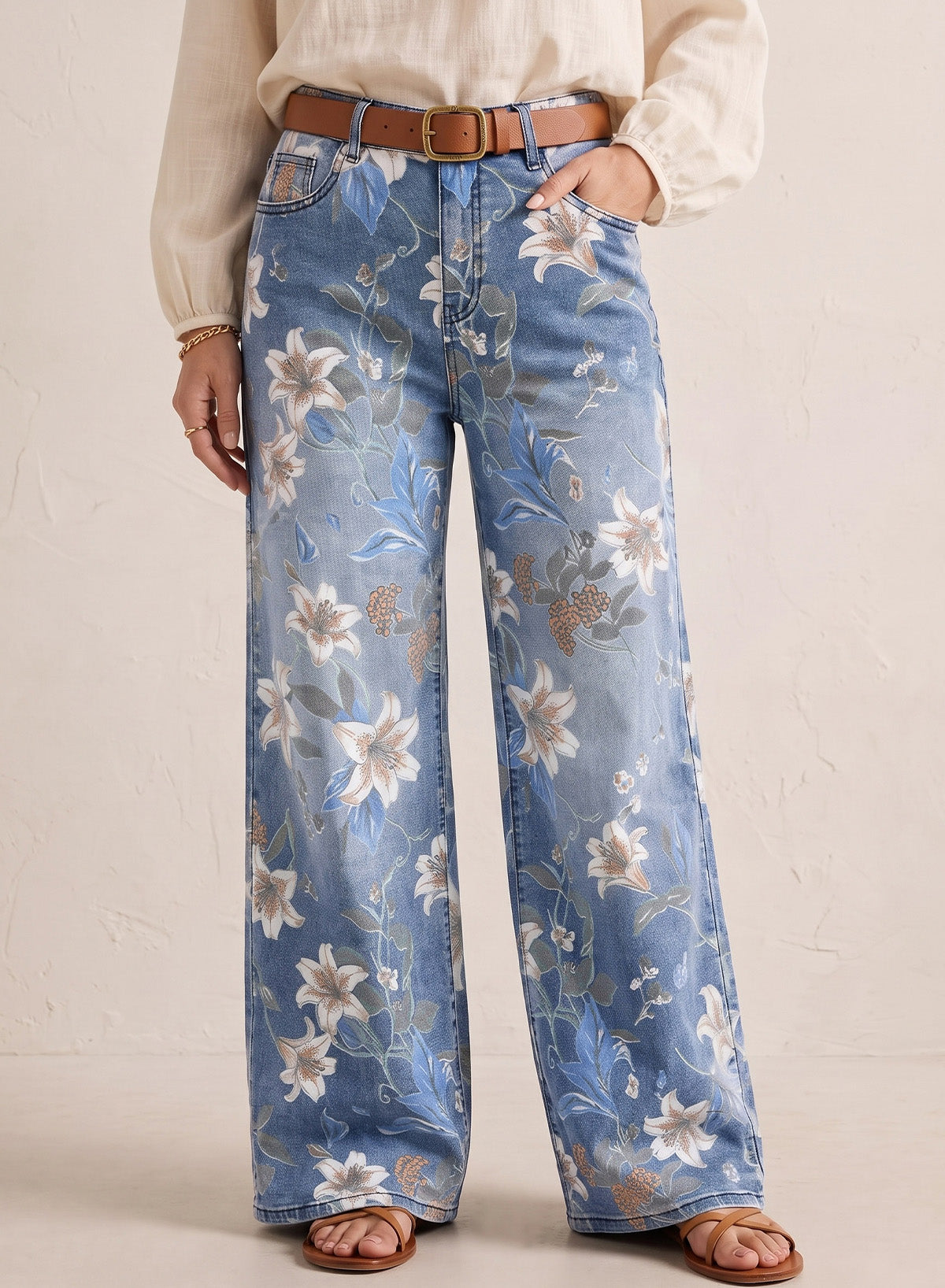 Dokotoo Women's Wide Leg Jeans Floral Print Baggy Denim Pants with Pockets