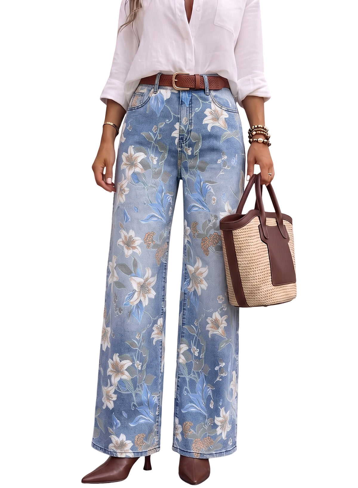 Dokotoo Women's Wide Leg Jeans Floral Print Baggy Denim Pants with Pockets