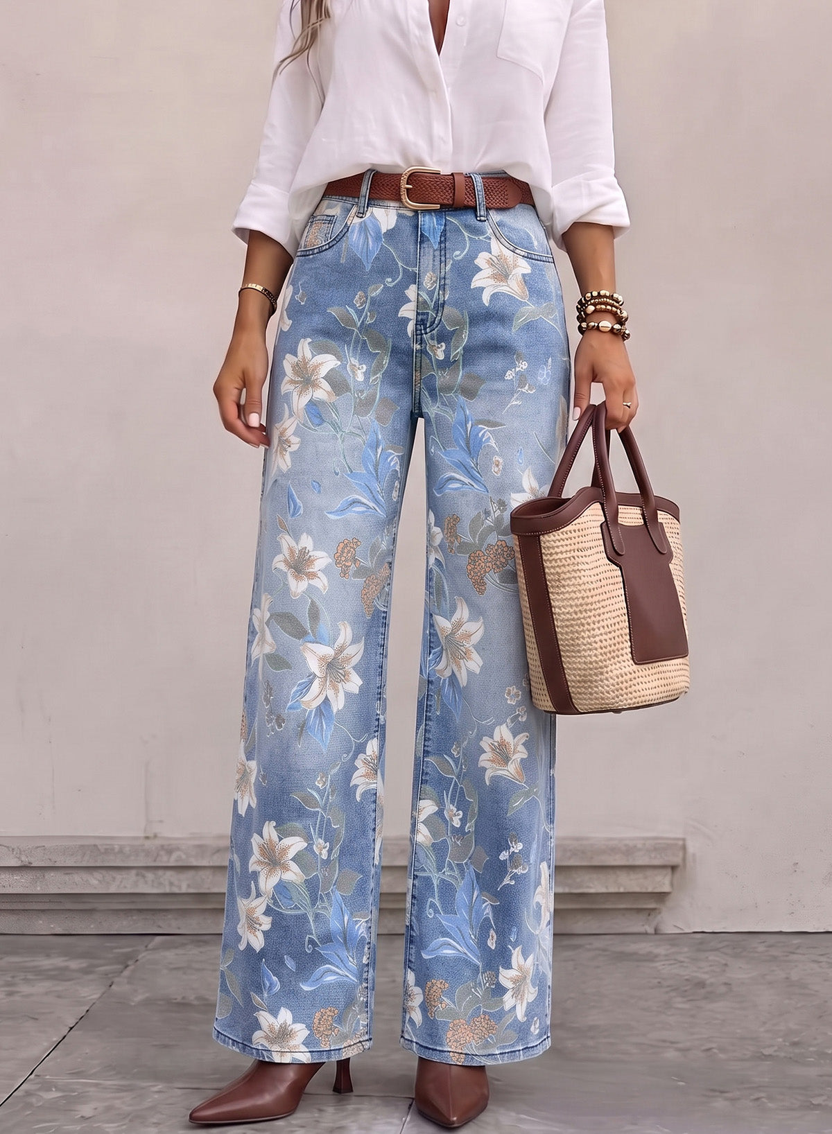 Dokotoo Women's Wide Leg Jeans Floral Print Baggy Denim Pants with Pockets