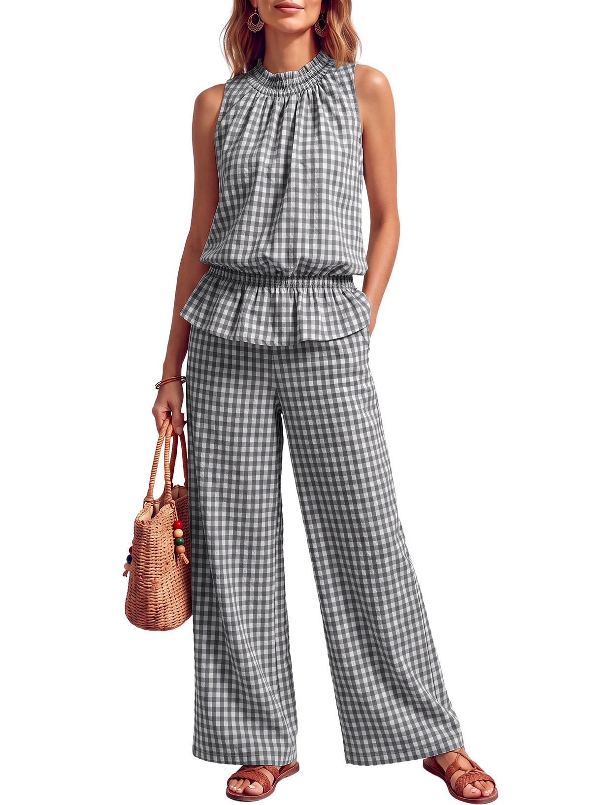 Dokotoo Womens 2 Piece Tank Top Wide Leg Pants Plaid Sets with Pockets 2026
