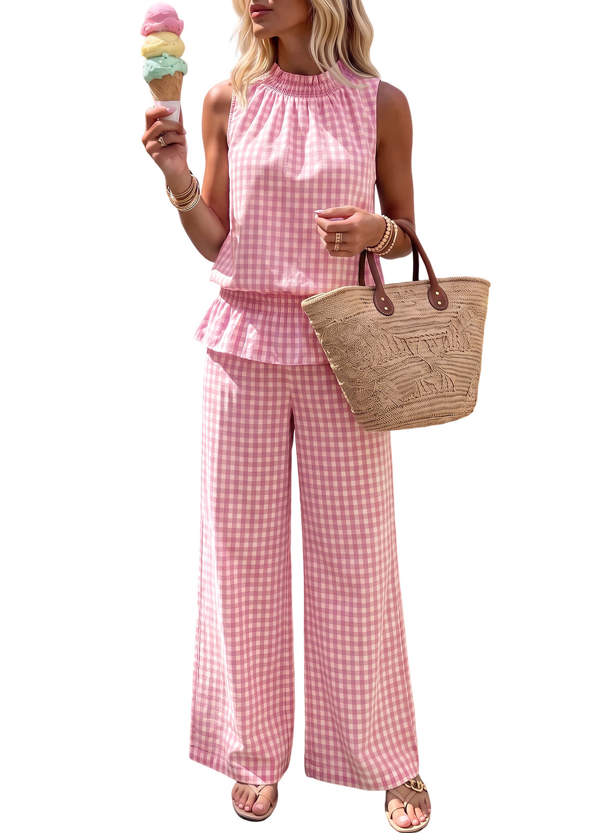Dokotoo Womens 2 Piece Tank Top Wide Leg Pants Plaid Sets with Pockets 2026