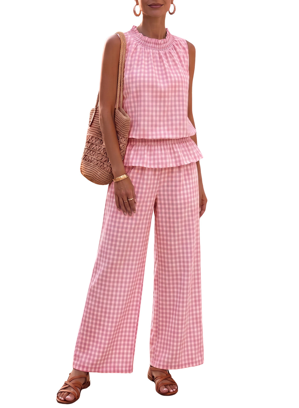 Dokotoo Womens 2 Piece Tank Top Wide Leg Pants Plaid Sets with Pockets 2026