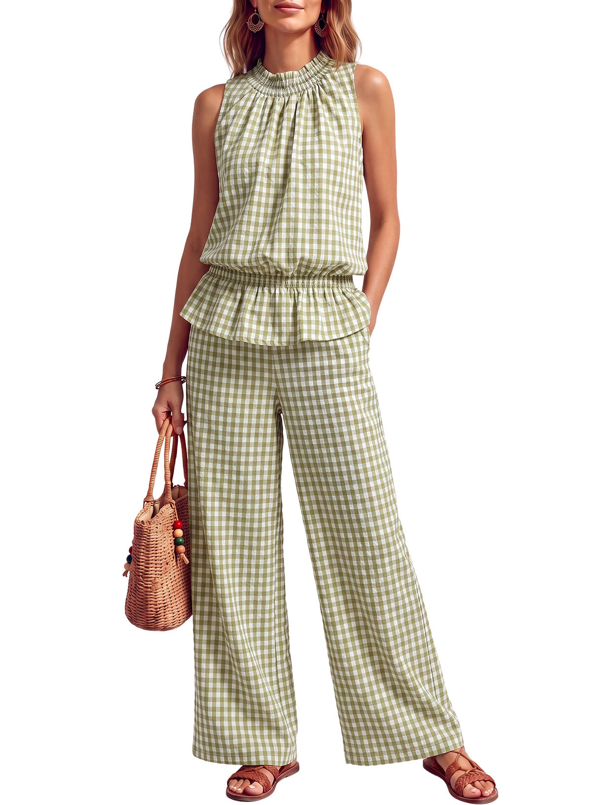 Dokotoo Womens 2 Piece Tank Top Wide Leg Pants Plaid Sets with Pockets 2026