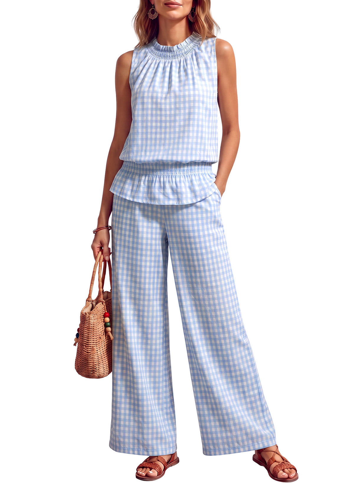 Dokotoo Womens 2 Piece Tank Top Wide Leg Pants Plaid Sets with Pockets 2026