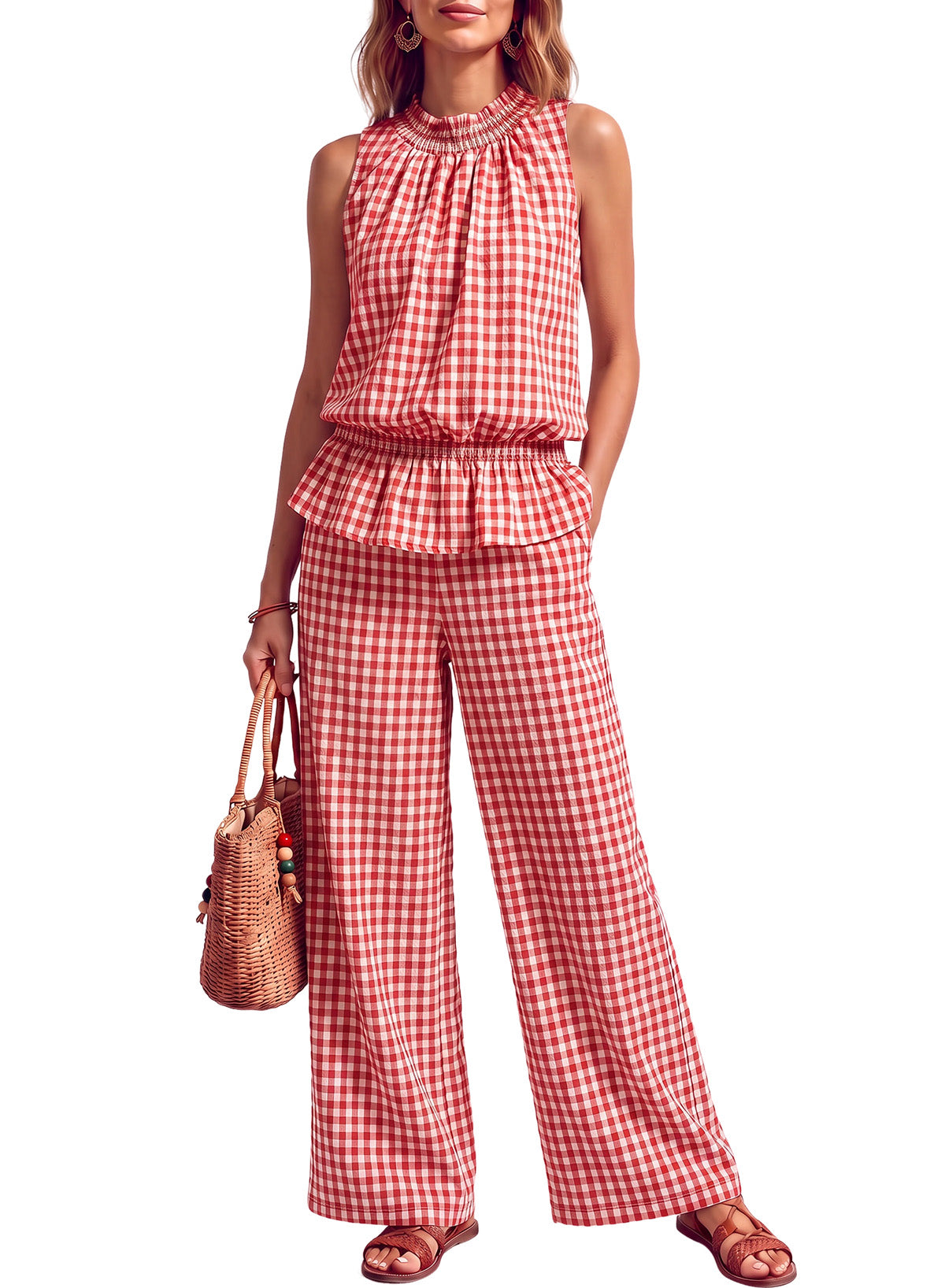 Dokotoo Womens 2 Piece Tank Top Wide Leg Pants Plaid Sets with Pockets 2026