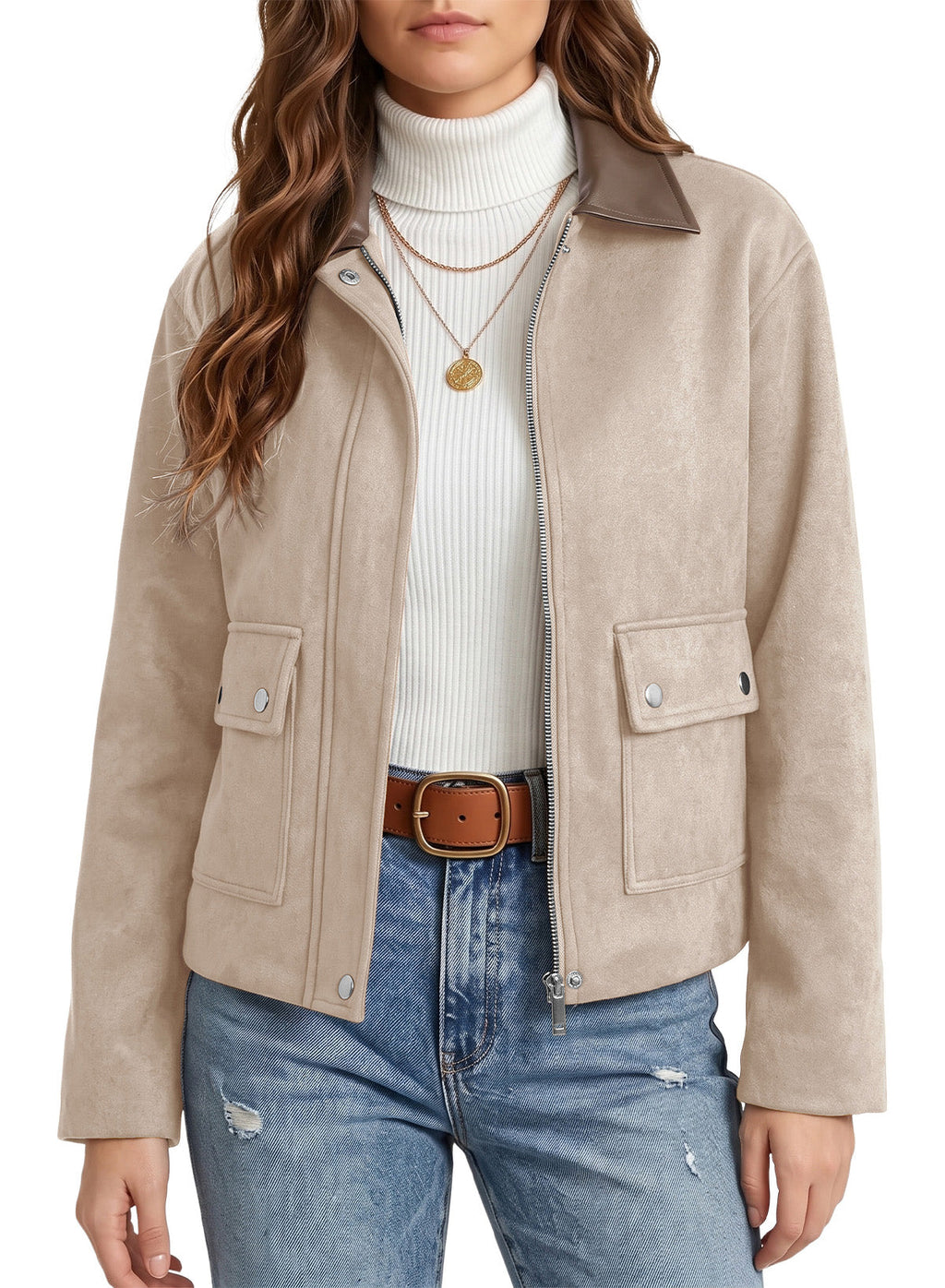 Dokotoo Womens Cropped Jacket 2026 Fall Collar Zip Button Coat with Pockets