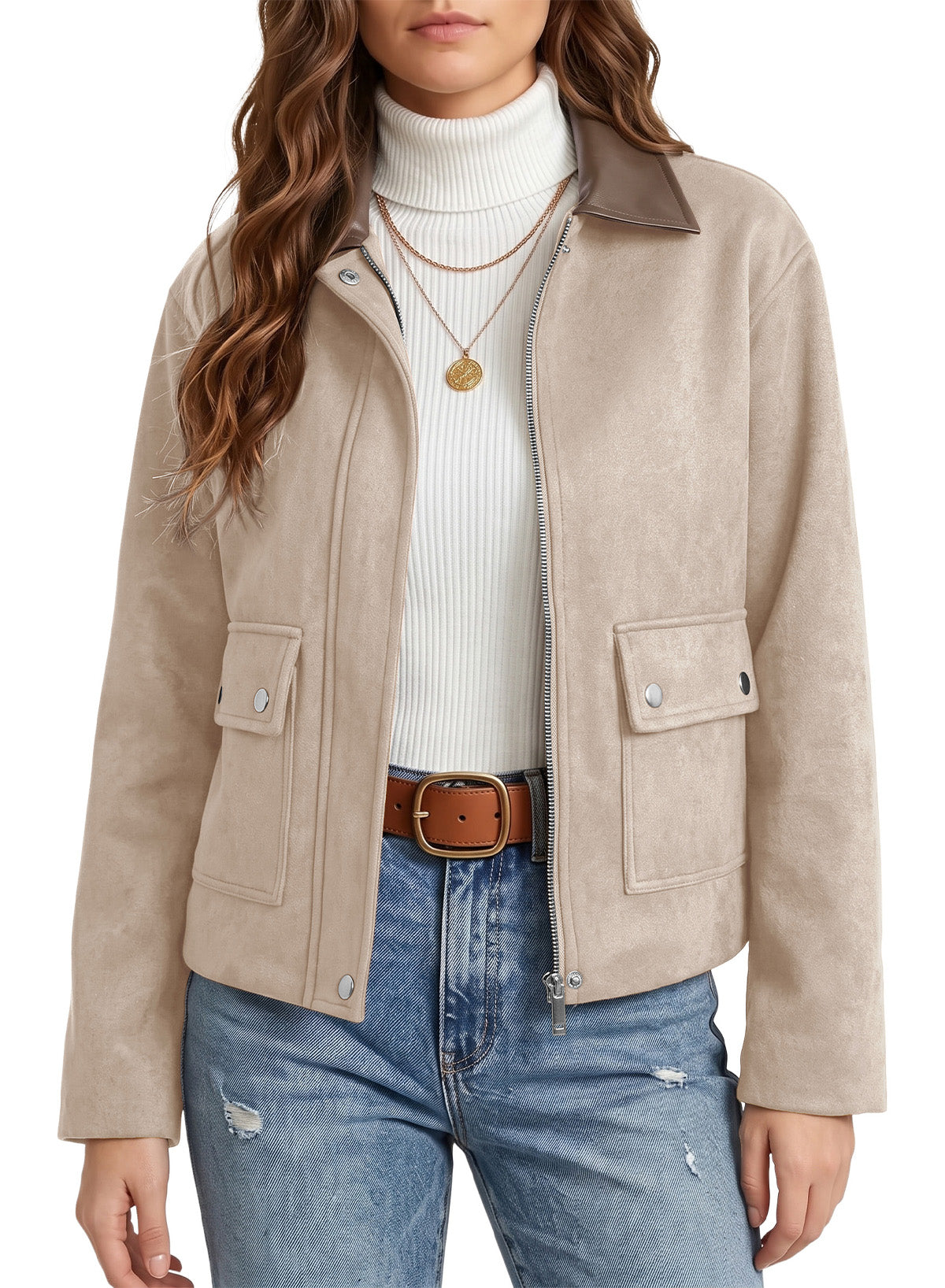 Dokotoo Womens Cropped Jacket 2026 Fall Collar Zip Button Coat with Pockets