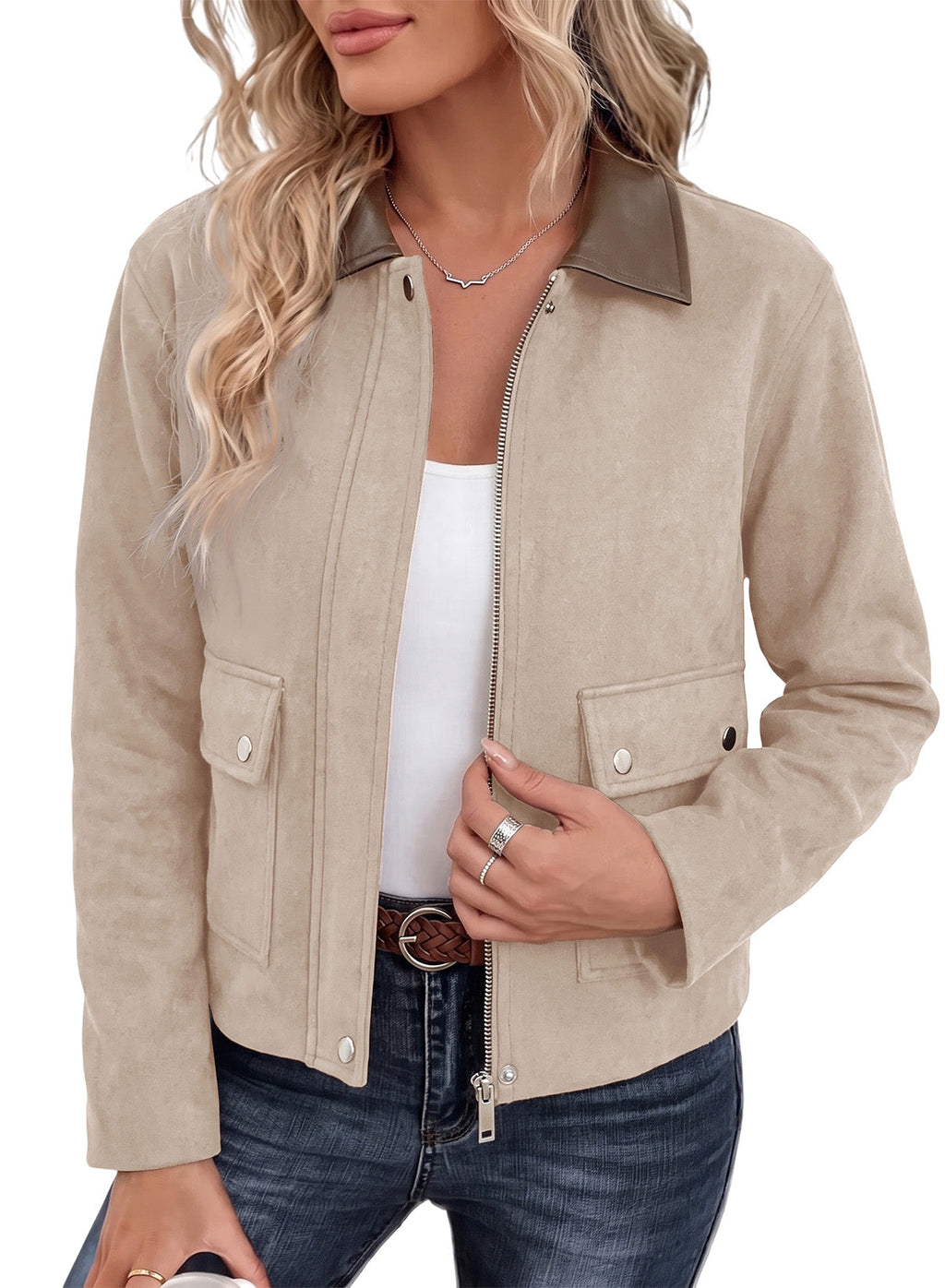 Dokotoo Womens Cropped Jacket 2026 Fall Collar Zip Button Coat with Pockets