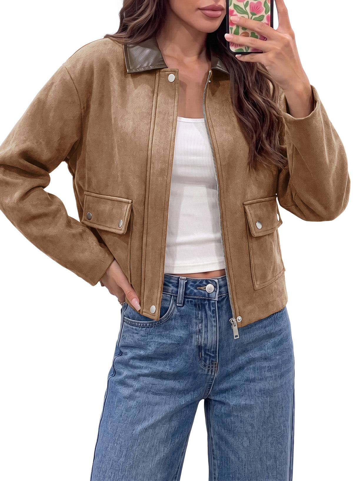 Dokotoo Womens Cropped Jacket 2026 Fall Collar Zip Button Coat with Pockets