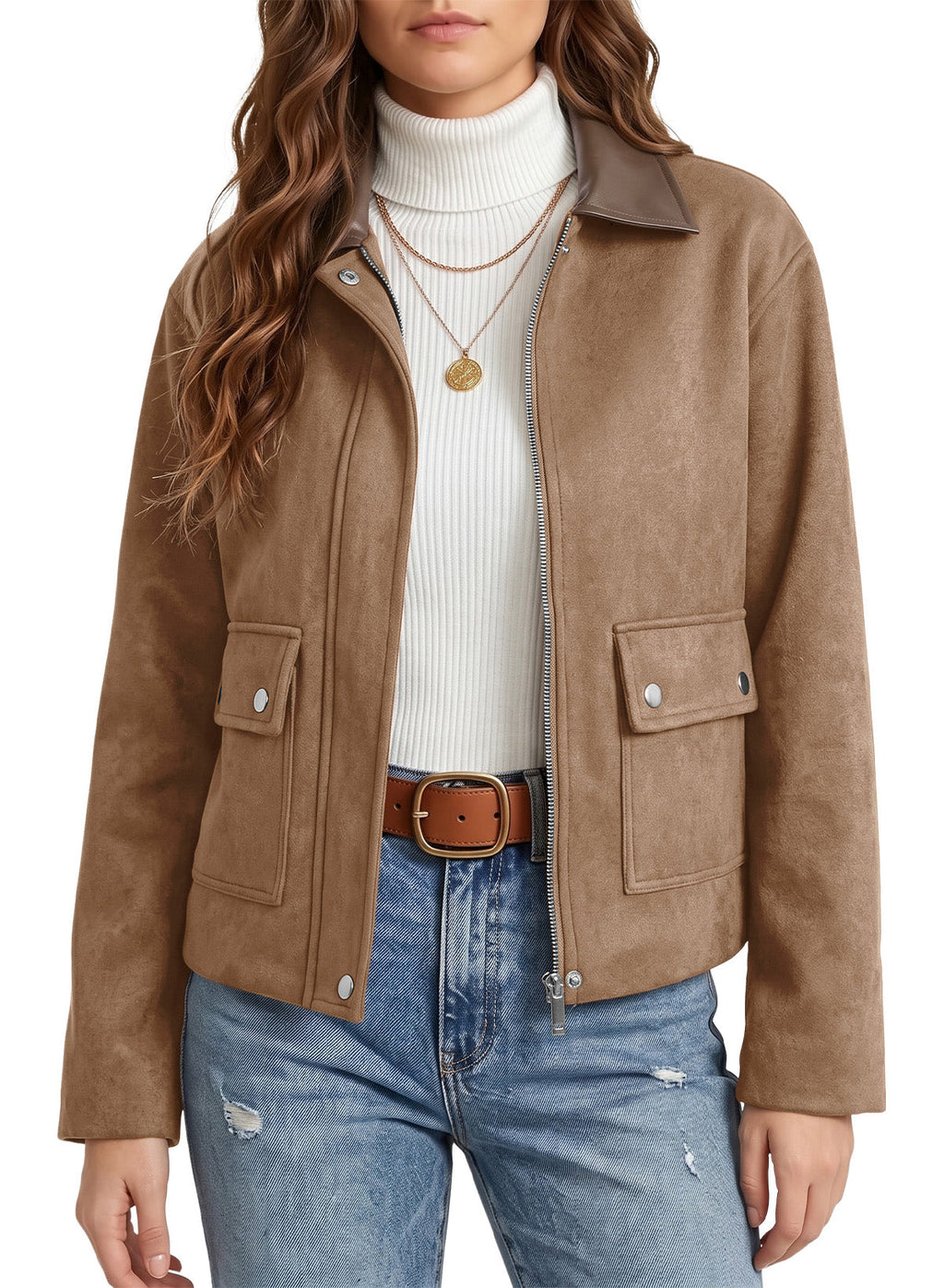 Dokotoo Womens Cropped Jacket 2026 Fall Collar Zip Button Coat with Pockets