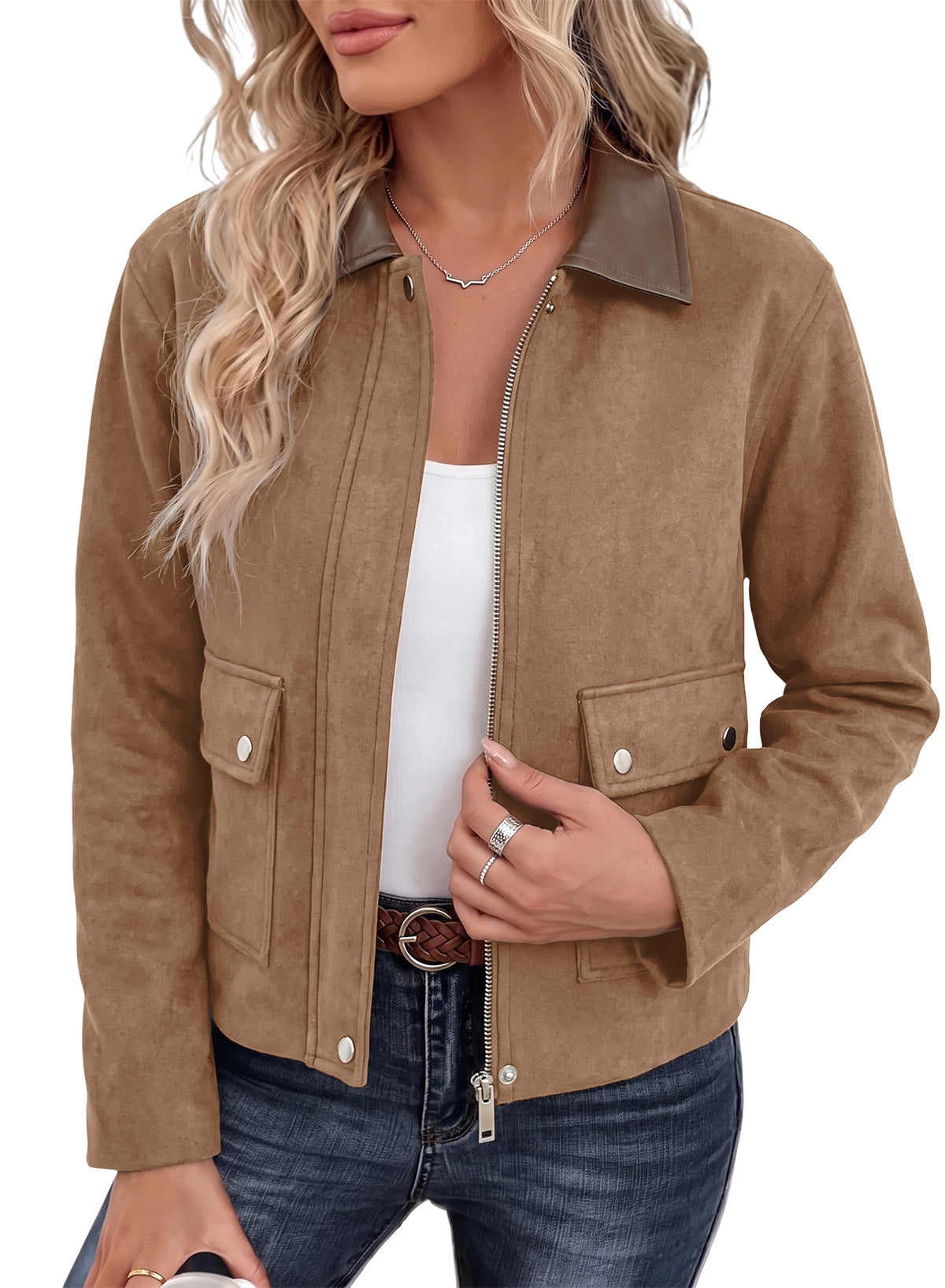 Dokotoo Womens Cropped Jacket 2026 Fall Collar Zip Button Coat with Pockets