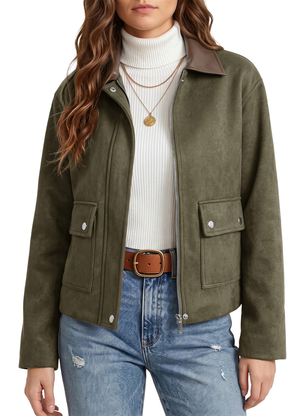 Dokotoo Womens Cropped Jacket 2026 Fall Collar Zip Button Coat with Pockets