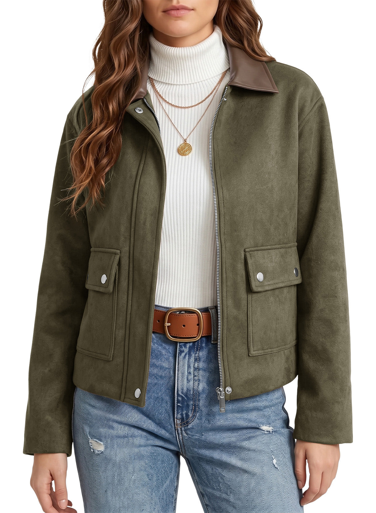 Dokotoo Womens Cropped Jacket 2026 Fall Collar Zip Button Coat with Pockets