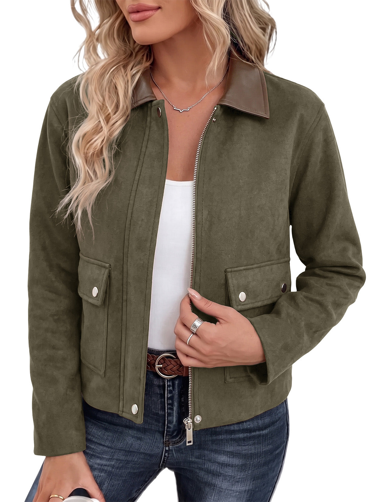 Dokotoo Womens Cropped Jacket 2026 Fall Collar Zip Button Coat with Pockets