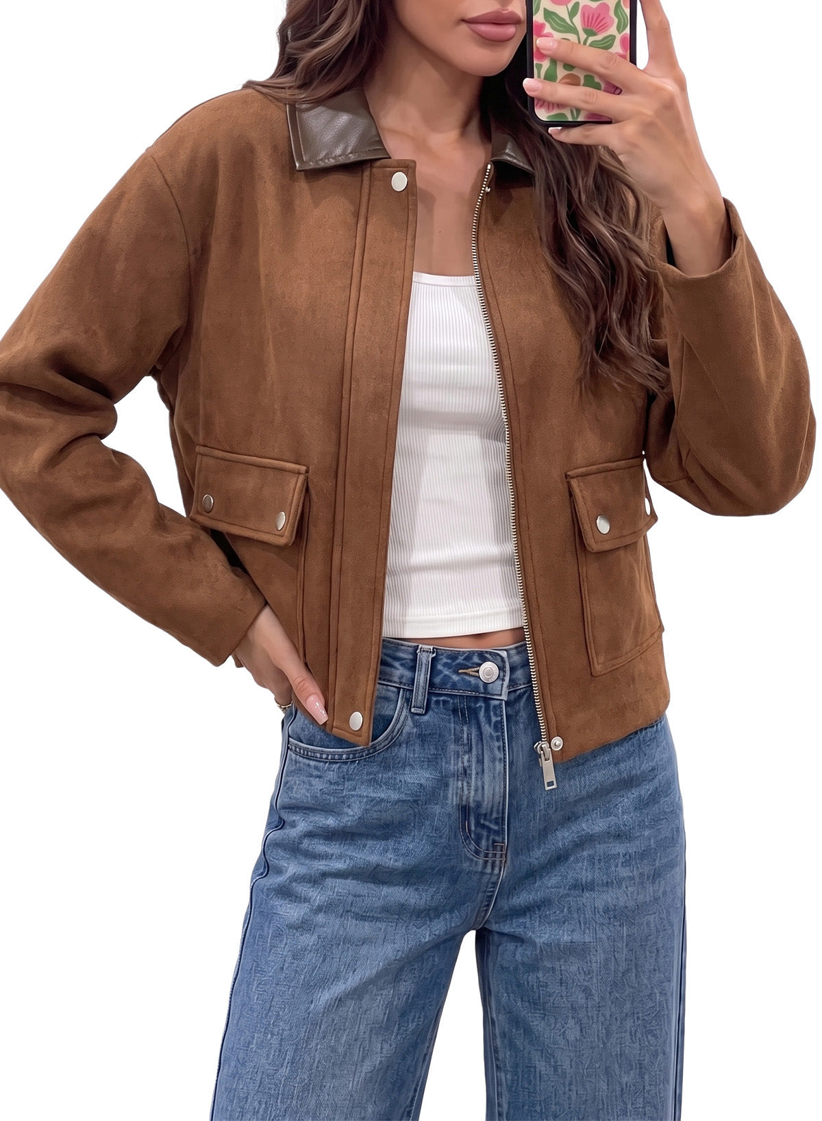 Dokotoo Womens Cropped Jacket 2026 Fall Collar Zip Button Coat with Pockets
