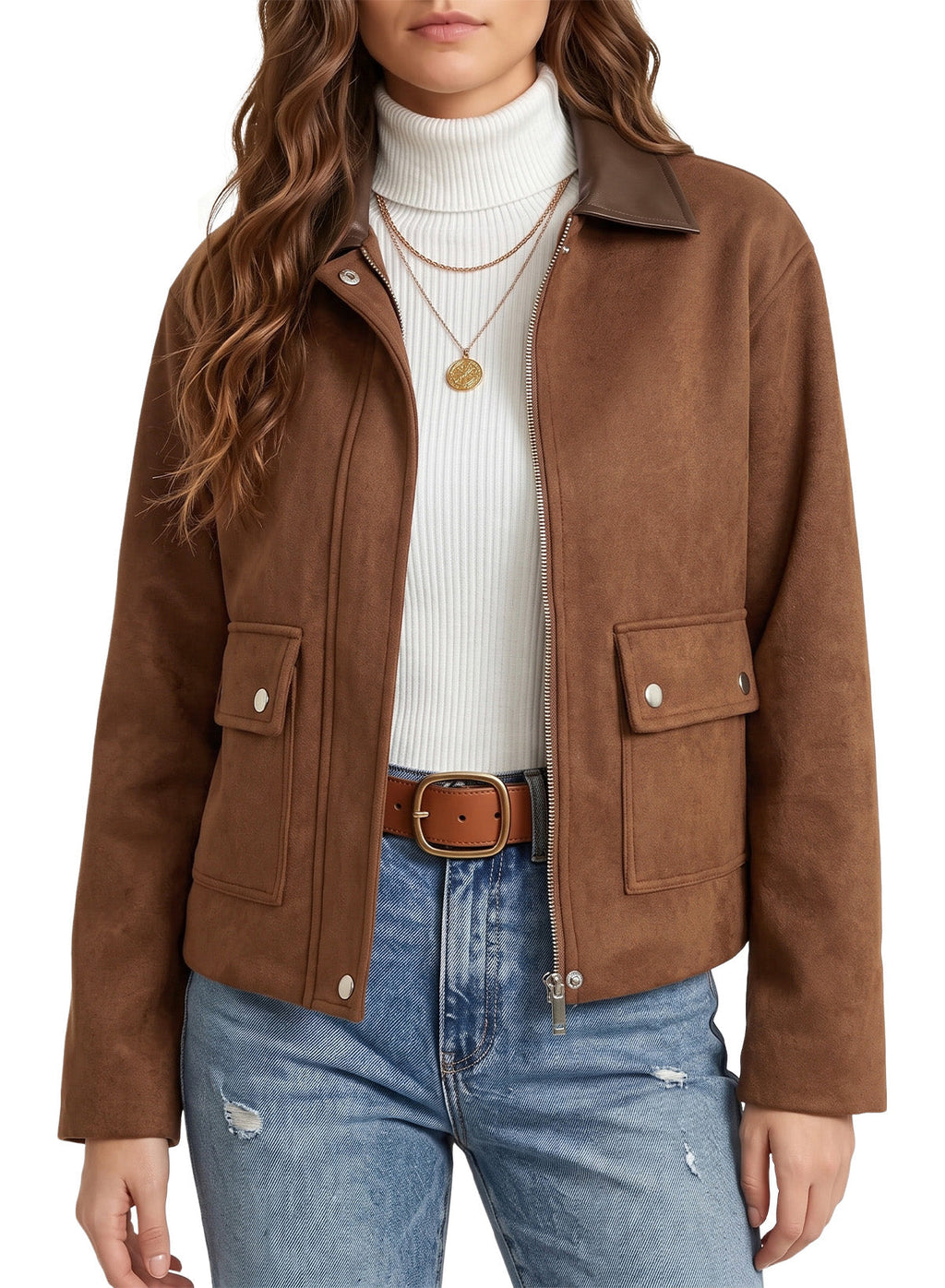 Dokotoo Womens Cropped Jacket 2026 Fall Collar Zip Button Coat with Pockets