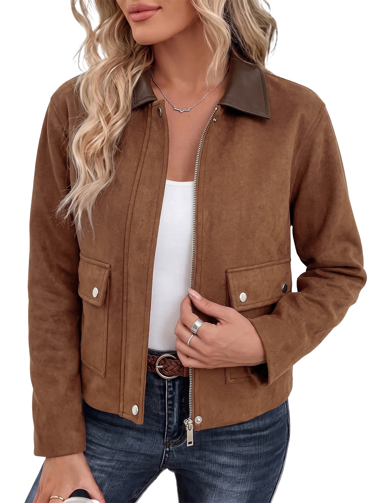 Dokotoo Womens Cropped Jacket 2026 Fall Collar Zip Button Coat with Pockets