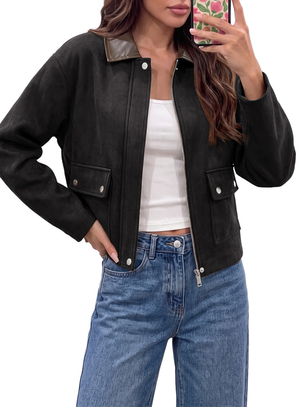 Dokotoo Womens Cropped Jacket 2026 Fall Collar Zip Button Coat with Pockets