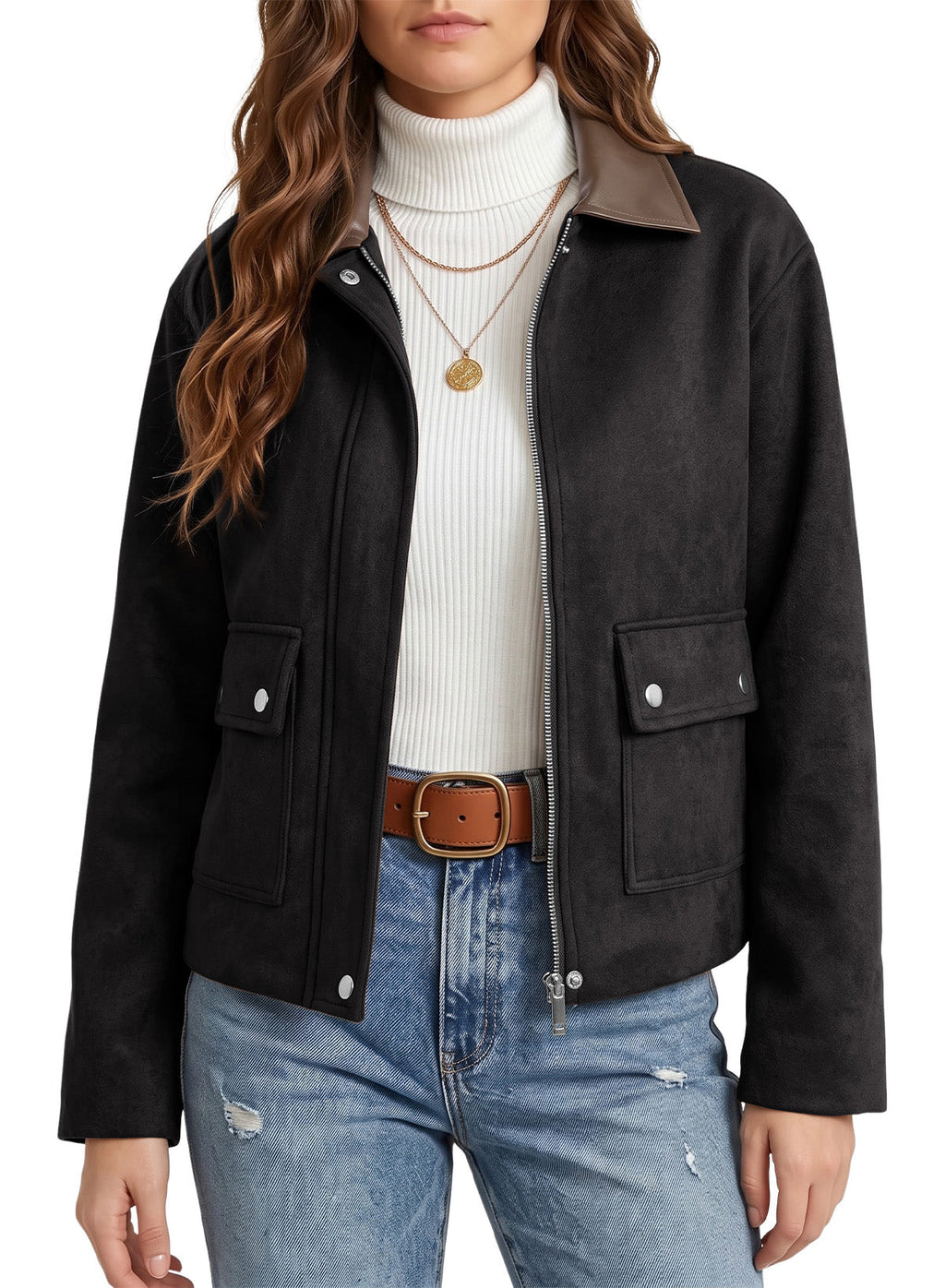 Dokotoo Womens Cropped Jacket 2026 Fall Collar Zip Button Coat with Pockets