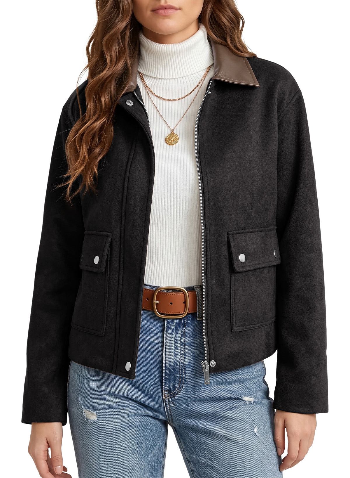 Dokotoo Womens Cropped Jacket 2026 Fall Collar Zip Button Coat with Pockets