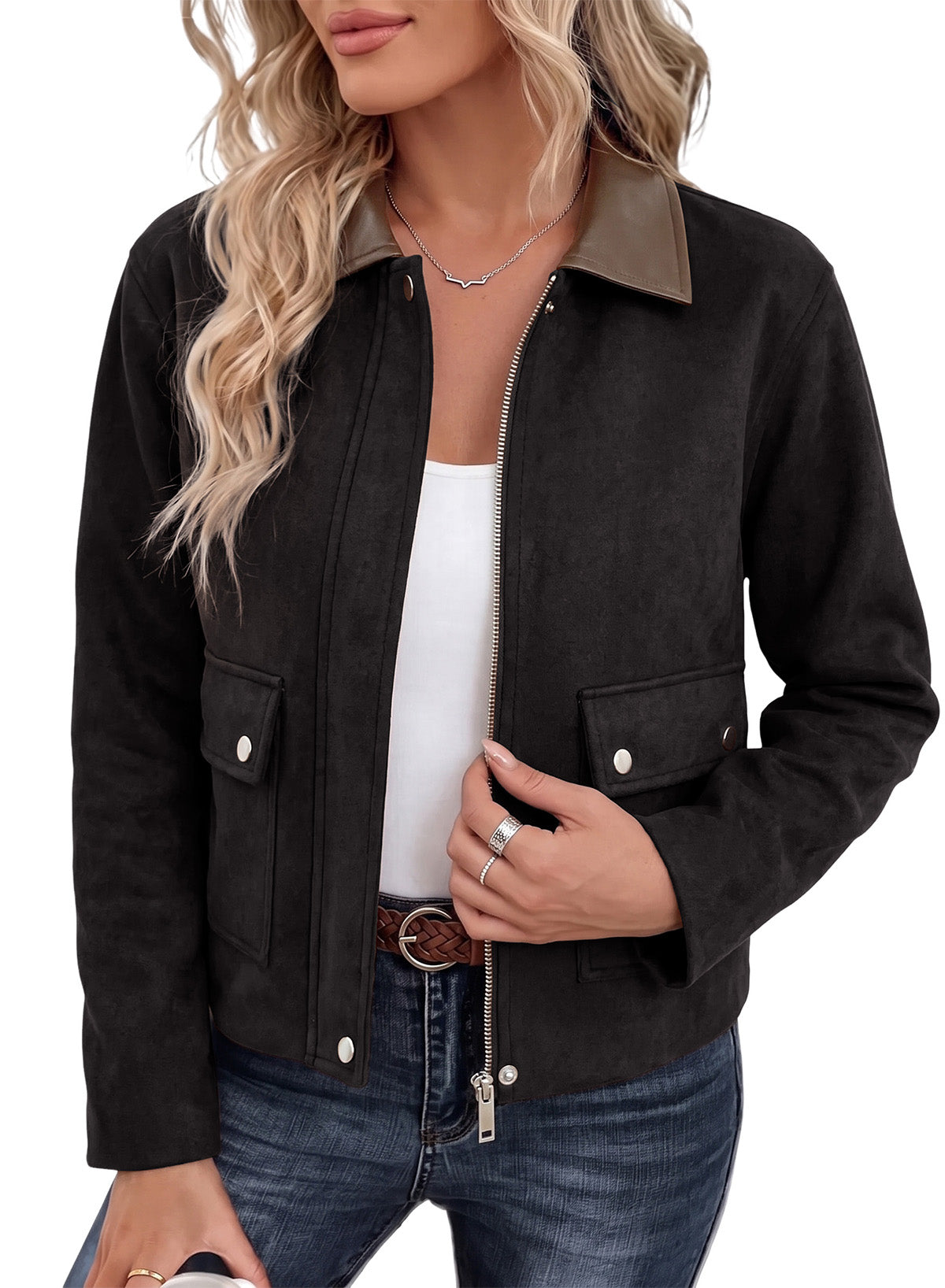 Dokotoo Womens Cropped Jacket 2026 Fall Collar Zip Button Coat with Pockets