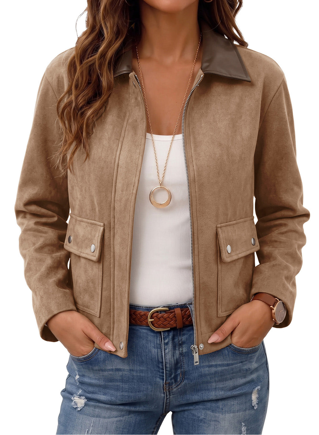 Dokotoo Womens Cropped Jacket 2026 Fall Collar Zip Button Coat with Pockets