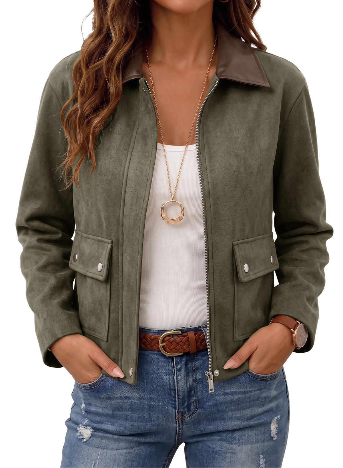 Dokotoo Womens Cropped Jacket 2026 Fall Collar Zip Button Coat with Pockets