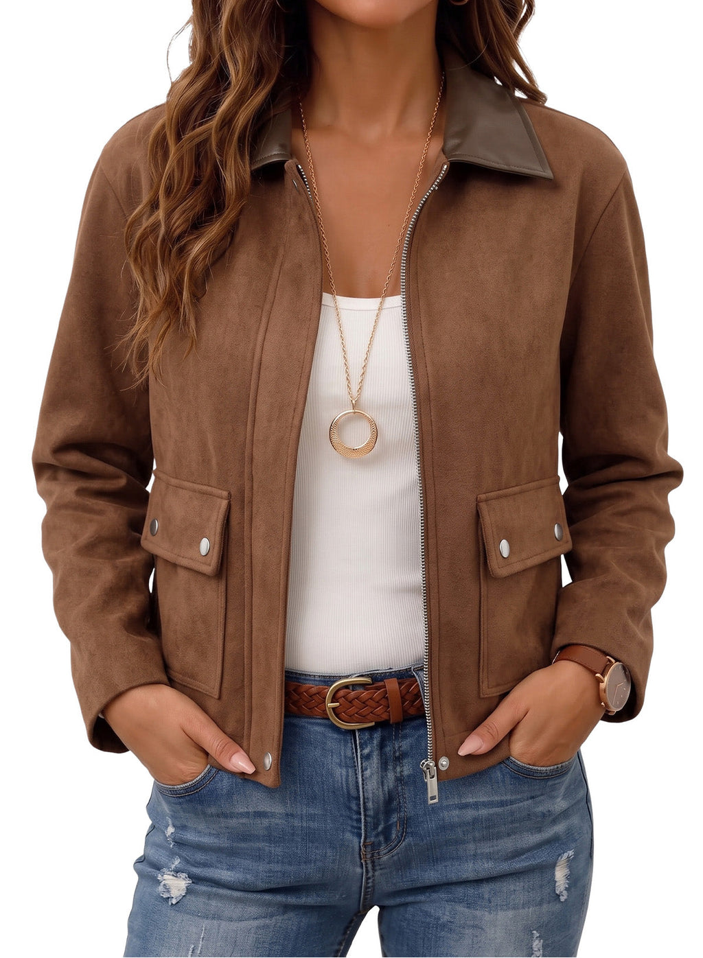 Dokotoo Womens Cropped Jacket 2026 Fall Collar Zip Button Coat with Pockets