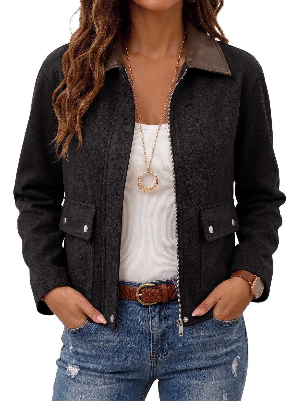 Dokotoo Womens Cropped Jacket 2026 Fall Collar Zip Button Coat with Pockets