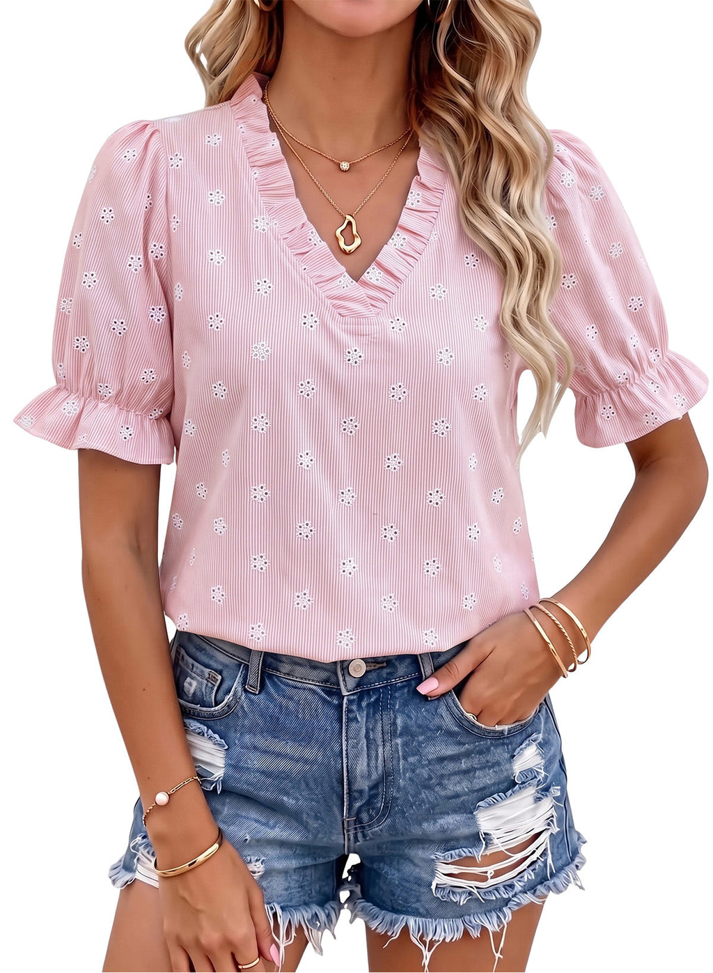 Dokotoo Women's Blouses Ruffle Puff Sleeve Boho Eyelet Dressy Casual Shirts