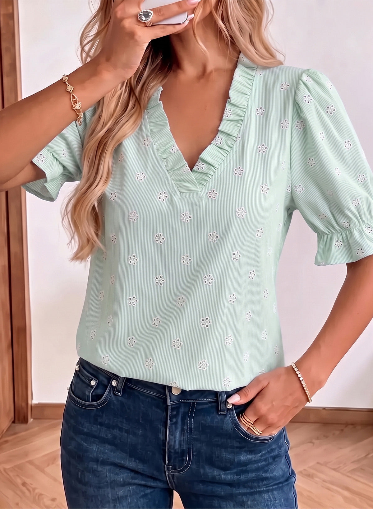 Dokotoo Women's Blouses Ruffle Puff Sleeve Boho Eyelet Dressy Casual Shirts