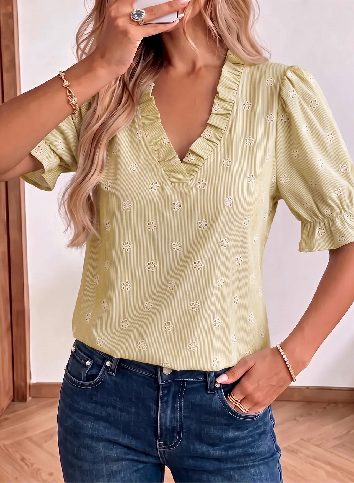 Dokotoo Women's Blouses Ruffle Puff Sleeve Boho Eyelet Dressy Casual Shirts