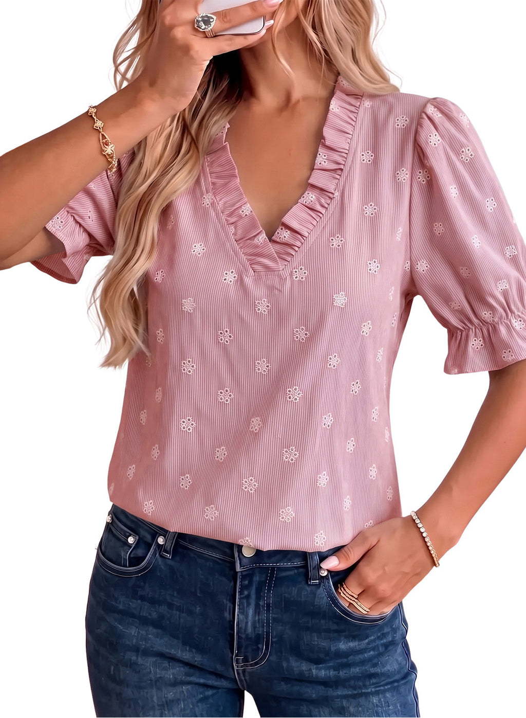 Dokotoo Women's Blouses Ruffle Puff Sleeve Boho Eyelet Dressy Casual Shirts