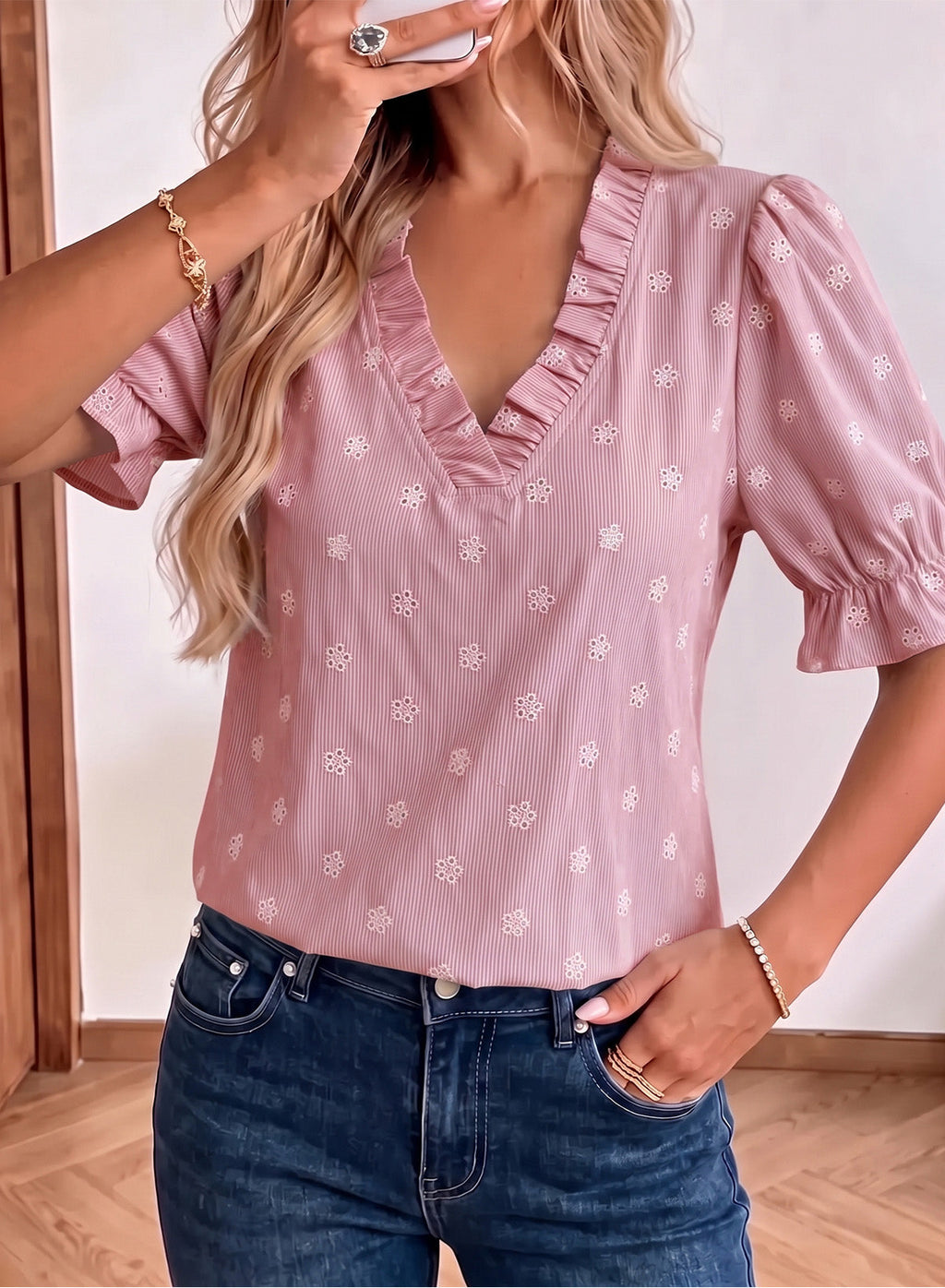 Dokotoo Women's Blouses Ruffle Puff Sleeve Boho Eyelet Dressy Casual Shirts