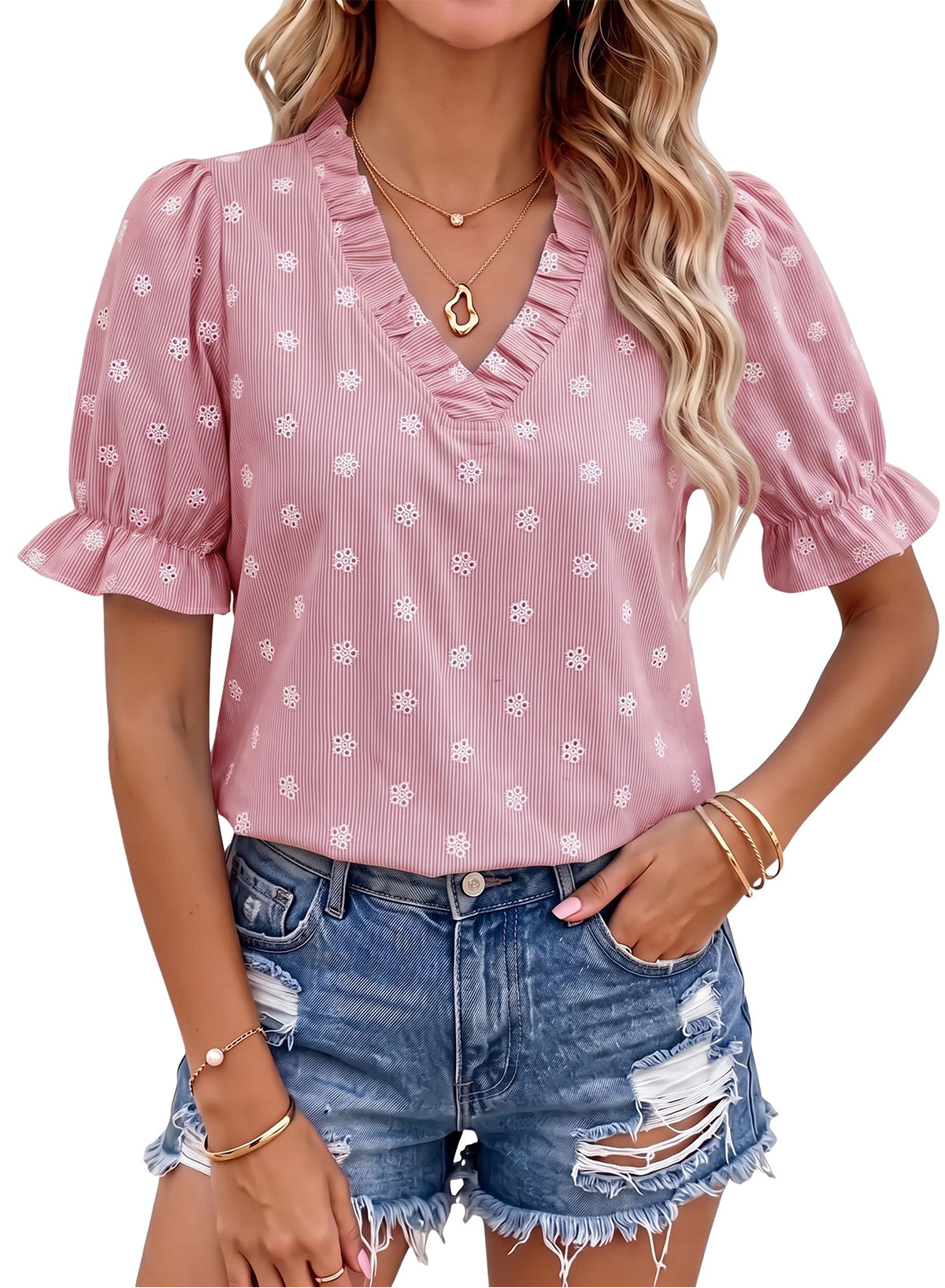 Dokotoo Women's Blouses Ruffle Puff Sleeve Boho Eyelet Dressy Casual Shirts