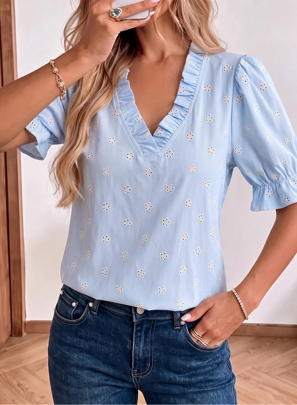 Dokotoo Women's Blouses Ruffle Puff Sleeve Boho Eyelet Dressy Casual Shirts