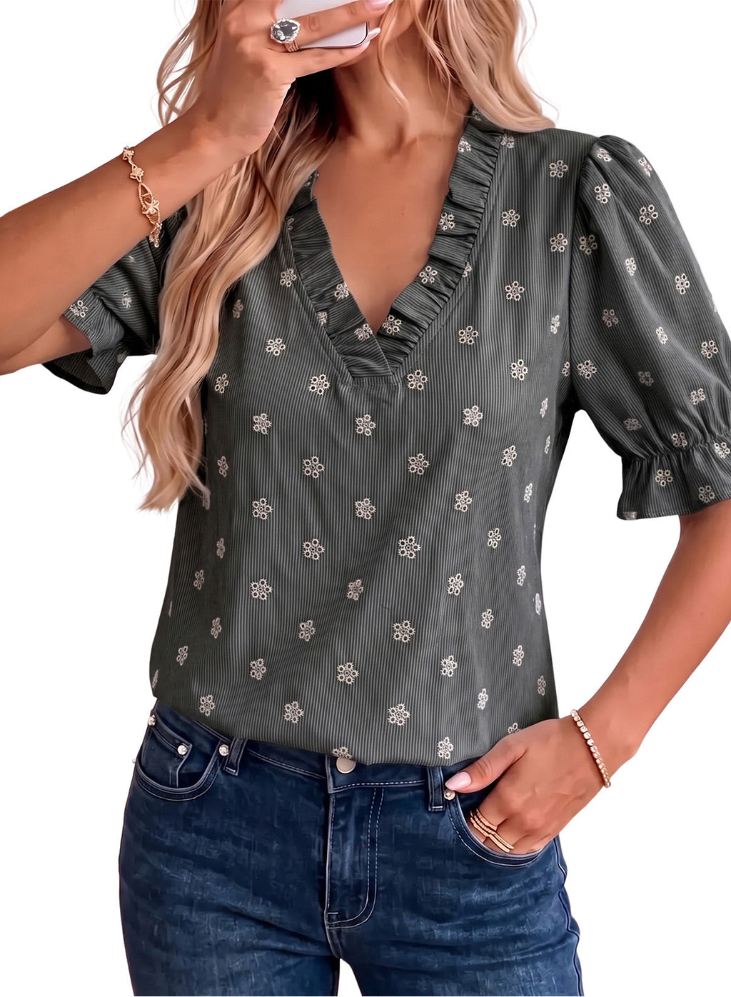 Dokotoo Women's Blouses Ruffle Puff Sleeve Boho Eyelet Dressy Casual Shirts