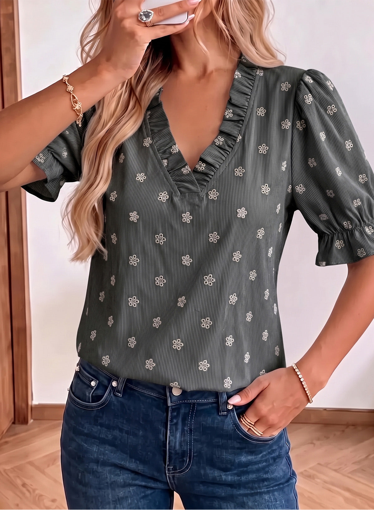 Dokotoo Women's Blouses Ruffle Puff Sleeve Boho Eyelet Dressy Casual Shirts