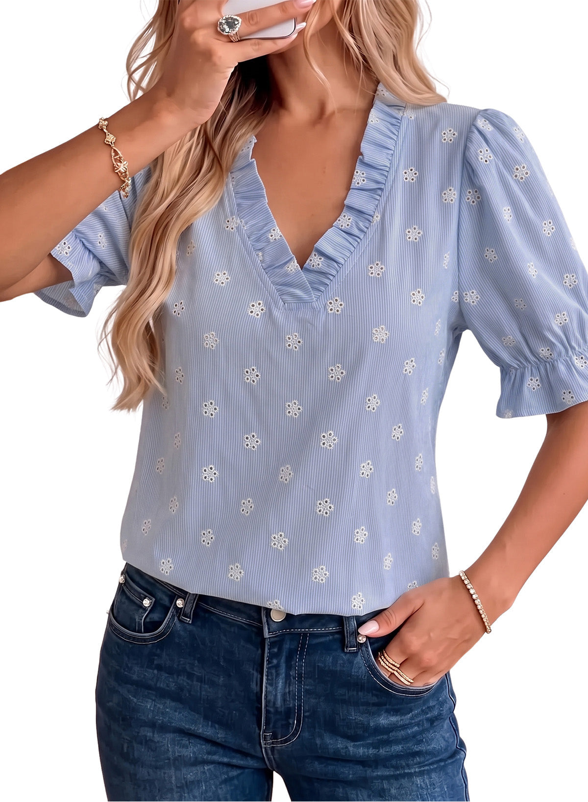 Dokotoo Women's Blouses Ruffle Puff Sleeve Boho Eyelet Dressy Casual Shirts