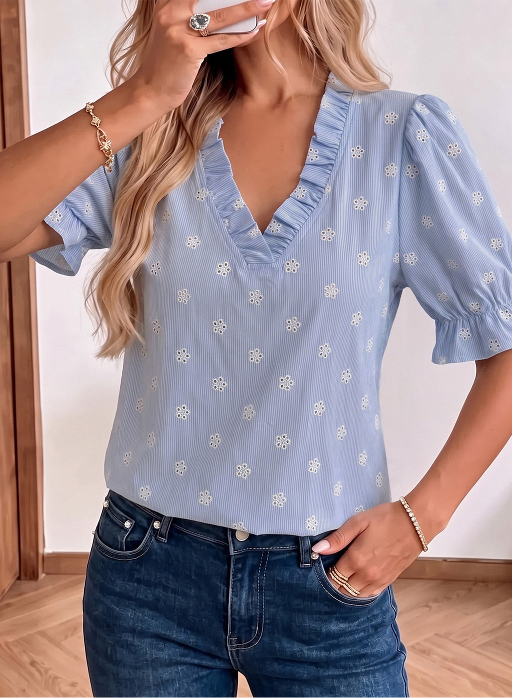 Dokotoo Women's Blouses Ruffle Puff Sleeve Boho Eyelet Dressy Casual Shirts