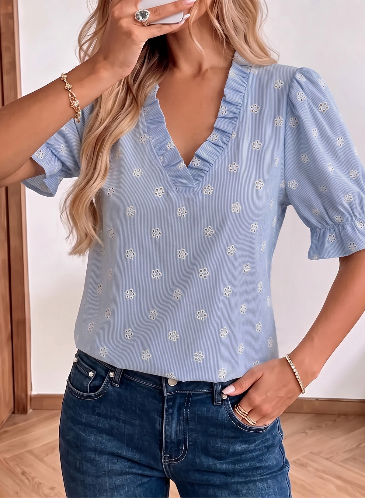 Dokotoo Women's Blouses Ruffle Puff Sleeve Boho Eyelet Dressy Casual Shirts