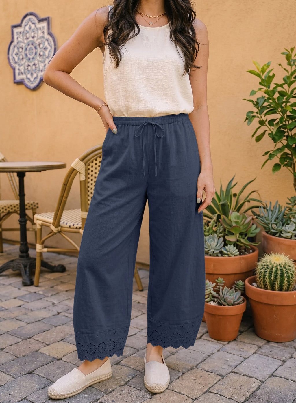 Dokotoo Cotton Harem Pants Women Wide Leg Flowy Casual Palazzo Trousers